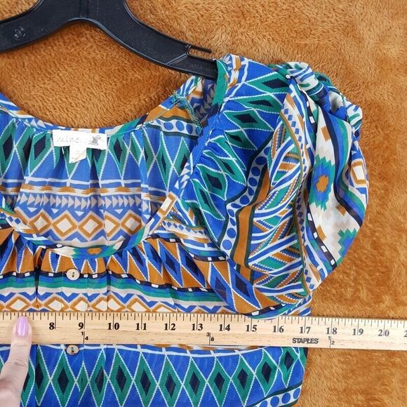 MINE Womens Top Small Blue Pullover Tie Bottom Lightweight Blouse Aztec - Picture 6 of 8